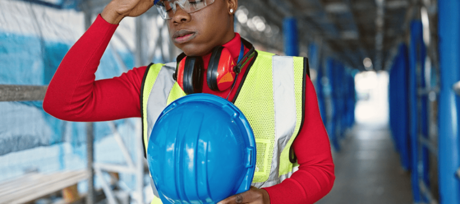 woman holding a blue hard hat in her left hand and golding her head with her right hand